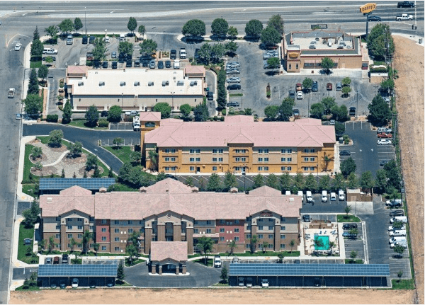 The carport system, as seen from above, now commissioned at the Bakersfield Hampton Inn & Suites. Photo courtesy of REC Solar.