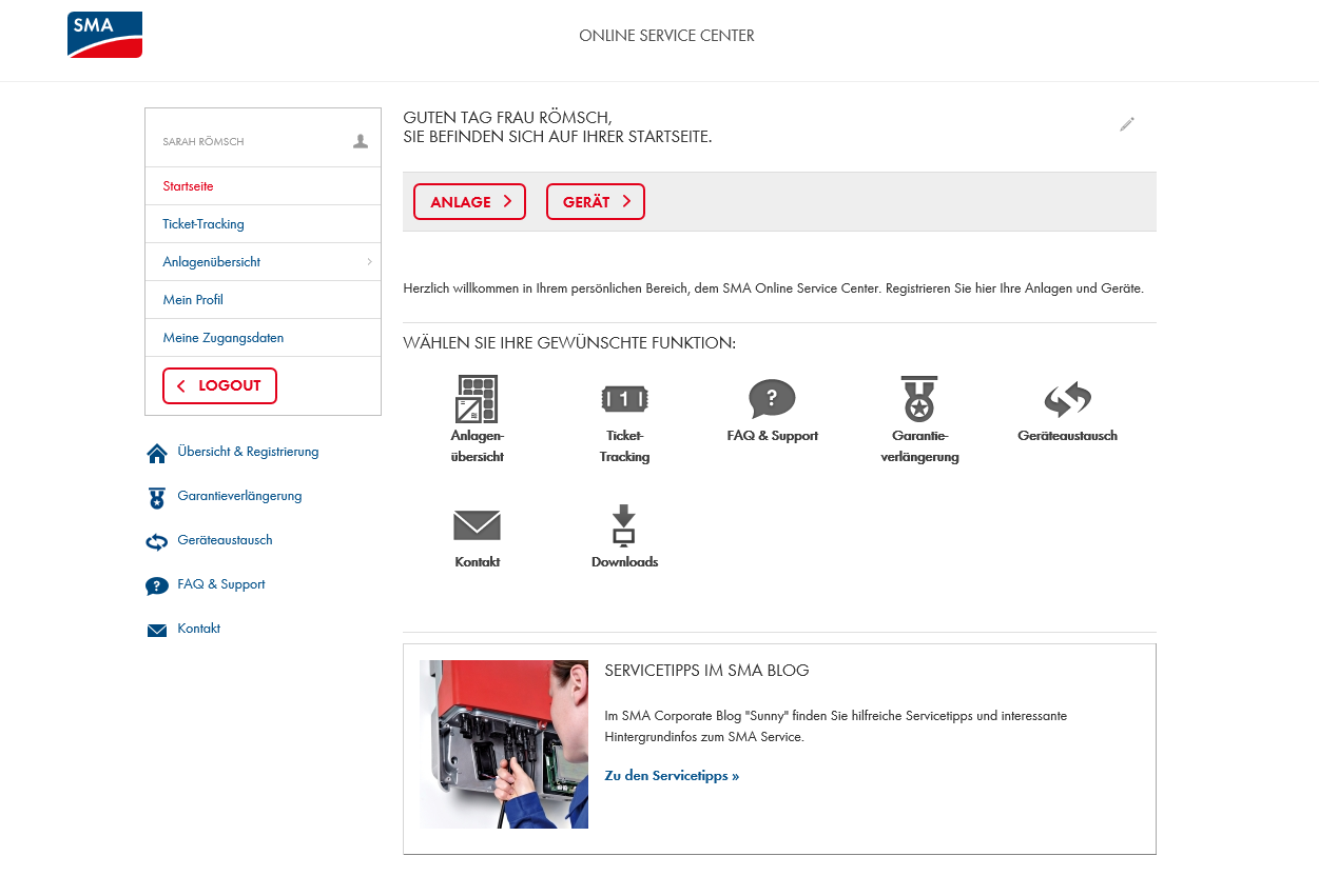 Im SMA Online Service Center habt ihr eine Übersicht über eure Tickets und könnt online z.B. eine Garantieverlängerung oder ein Austauschgerät bestellen. Im SMA Online Service Center habt ihr eine Übersicht über eure Tickets und könnt online z.B. eine Garantieverlängerung oder ein Austauschgerät bestellen.