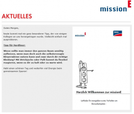 Wir haben Informationen über die Hintergründe, Ziele und bereits erreichten Einsparungen sowie zehn Spartipps für energiebewusstes Verhalten am Arbeitsplatz in Form einer Leitfadenbroschüre und von Internetpopups bereitgestellt.Nach einer Woche erhalten die Zielpersonen zusätzlich Rückmeldungen über ihr Verbrauchsverhalten. Wir haben Informationen über die Hintergründe, Ziele und bereits erreichten Einsparungen sowie zehn Spartipps für energiebewusstes Verhalten am Arbeitsplatz in Form einer Leitfadenbroschüre und von Internetpopups bereitgestellt.Nach einer Woche erhalten die Zielpersonen zusätzlich Rückmeldungen über ihr Verbrauchsverhalten.