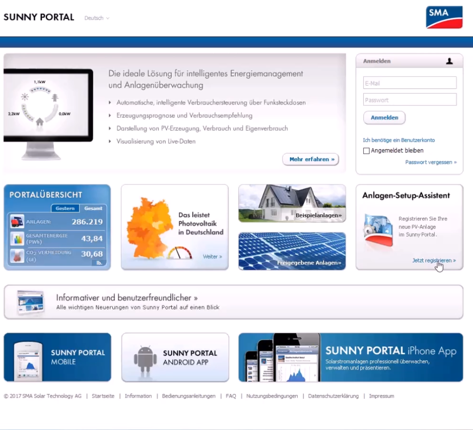 Registrierung im Sunny Portal