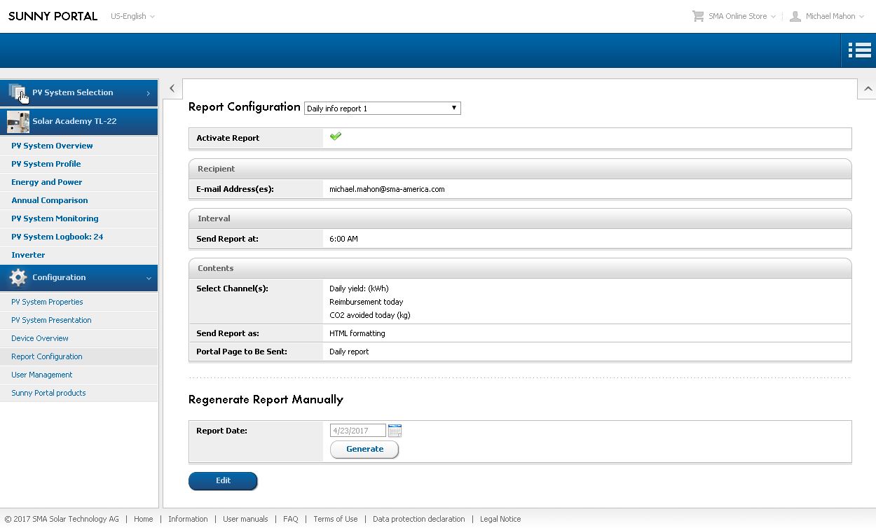 Figure 3. Report Configuration page, showing active Daily report details