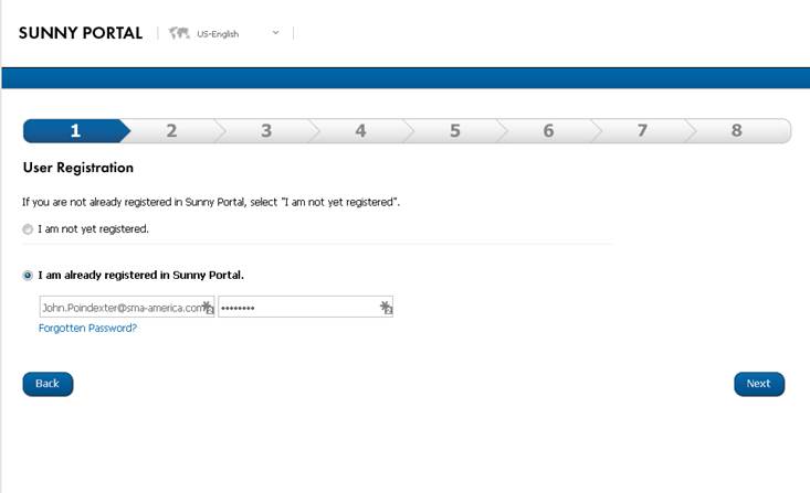 Figure 2. Create an account or enter account information for Sunny Portal