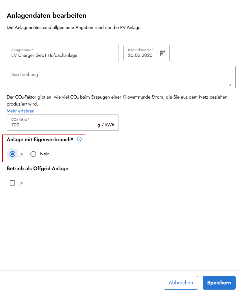 Anlage mit Eigenverbrauch