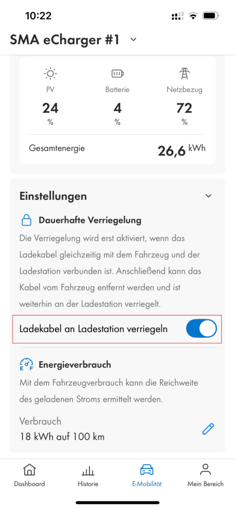Energy App Ladekabel verriegeln