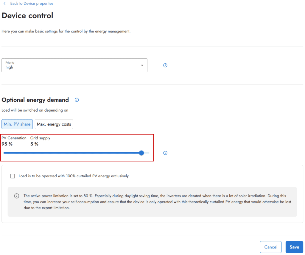 Optional energy requirement slider